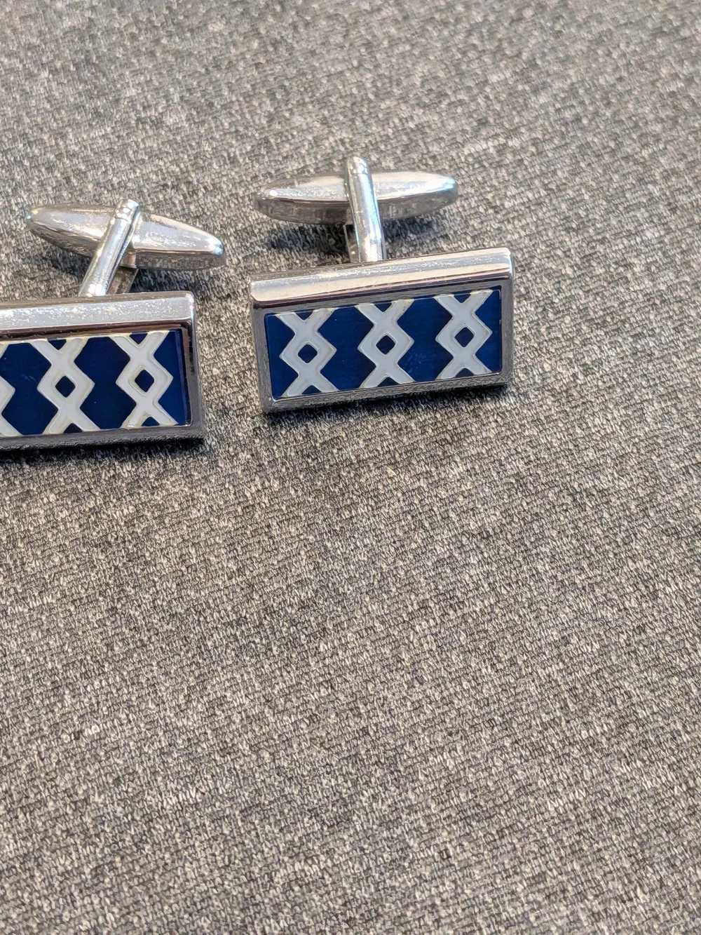 Men's Silver Tone Rectangular Navy & White Enamel FiberCufflink By Cuff - Daddy